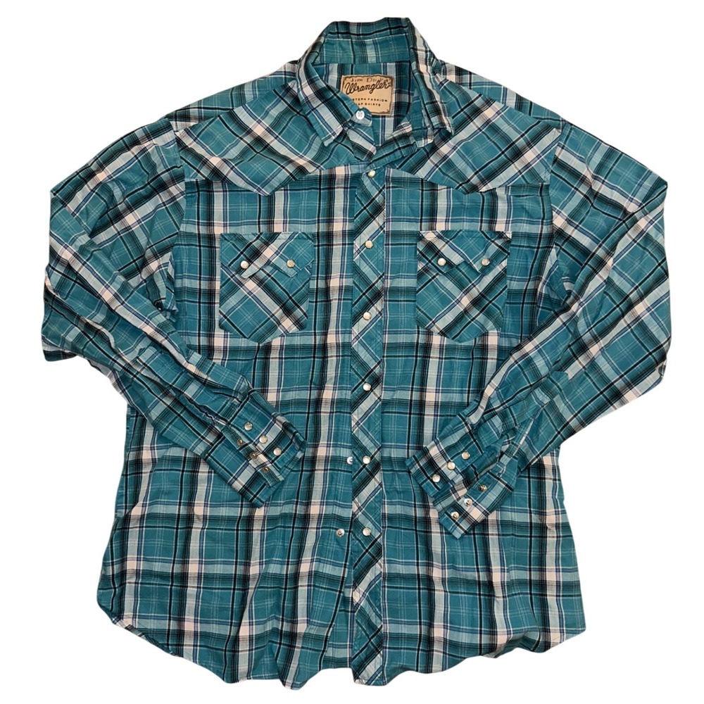 Wrangler‎ Mens Western Fashion Snap Shirt Teal Plaid Pearl Snap Long Sleeve L